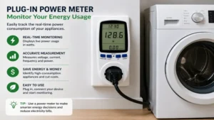 Plug-in meter power consumption device connected to a home appliance for real-time energy monitoring