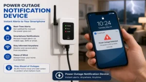 Power outage notification device sending a real-time outage alert to a smartphone through a mobile app.