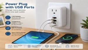 Power plug with usb ports installed in a wall outlet charging a smartphone and tablet simultaneously