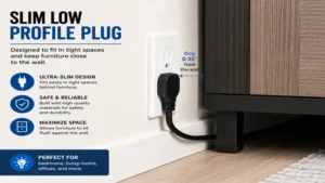 Slim low profile plug installed behind a wall-mounted cabinet to maximize available space.