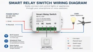 Smart relay switch wiring diagram showing connection to lights and power supply