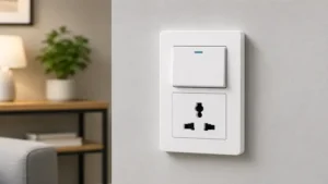 White switch and plug combo with a standard electrical outlet mounted in a residential room.