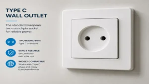 Close-up view of a type c wall outlet showing its two-round-pin socket design.