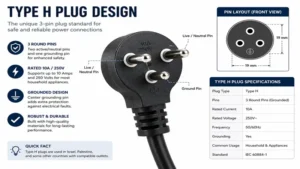 Type H plug design showing the three round pins and distinctive electrical configuration.