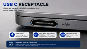Close-up view of usb c receptacle port on an electronic device