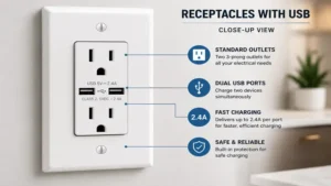 Receptacles with usb shown in a close-up with built-in USB charging ports and standard outlets