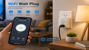 wifi wall plug controlling a lamp through a smart home mobile app.