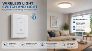 wireless light switch and light mounted on a wall for quick installation without additional wiring.