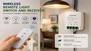 Hand using a remote light switch and receiver to turn ceiling lights on from across the room