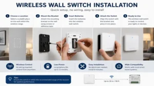 Step-by-step wireless wall switch installation process showing easy setup without wiring