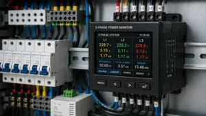 3 phase power monitor installed inside an electrical control cabinet for industrial applications