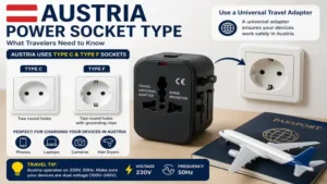 Austria power socket type with a universal travel adapter ready for European outlets