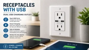 Receptacles with usb featuring dual USB ports for charging phones and tablets without adapters