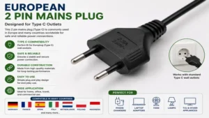 European 2 pin mains plug compatible with common Type C electrical outlets