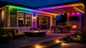 Backyard patio enhanced with exterior color changing led lights for colorful outdoor entertaining.