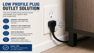 low profile plug connected to a standard wall outlet with minimal protrusion for a clean setup.