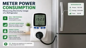 Meter power consumption measuring electricity usage of a refrigerator with real-time power readings