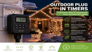 Outdoor plug in timers controlling Christmas lights with automatic on and off schedules