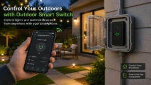 Homeowner controlling an outdoor smart switch remotely with a smartphone app.