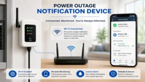 Power outage notification device connected to a Wi-Fi network to monitor electrical power status remotely.