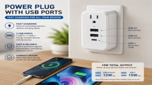 Compact power plug with usb ports featuring fast charging for phones, tablets, and other USB devices