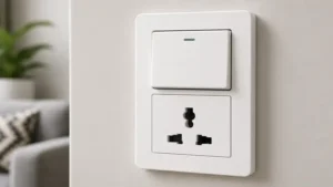 Close-up view of a switch and plug combo showing the integrated switch and power outlet design.