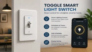 Toggle smart switch controlling home lighting through an intelligent smart home system.