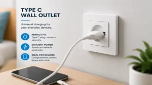 European power plug connected to a type c wall outlet for charging household electronics.