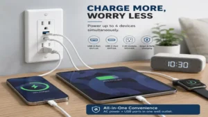 USB outlet wall charger powering a smartphone, tablet, and smartwatch simultaneously