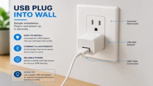 USB plug into wall installation showing a USB wall adapter connected to a standard electrical outlet