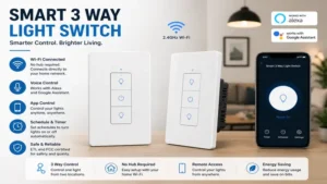 Wi-Fi smart 3 way light switch compatible with mobile app and voice assistants