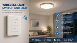 wireless light switch and light controlling a bright LED ceiling light with reliable wireless performance.