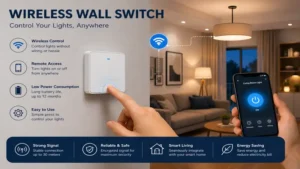 User operating a wireless wall switch to control lights remotely with a smartphone