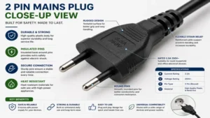 Close-up view of a 2 pin mains plug showing durable insulated pins and housing