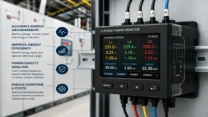 Advanced 3 phase power monitor measuring energy consumption in a commercial facility