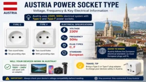 Austria power socket type explained with 230V voltage and 50Hz frequency information
