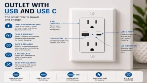 Close-up of an outlet with usb and usb c showing convenient charging ports and electrical outlets