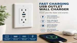 Fast charging USB outlet wall charger with dual USB ports and standard power outlets