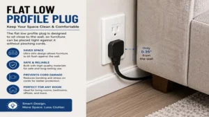 Flat low profile plug helping furniture sit closer to the wall without pinching power cords.