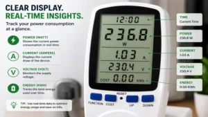 Close-up of a meter power consumption display showing real-time watts, voltage, current, and energy usage