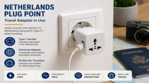 Travel adapter connected to a Netherlands plug point for international electronic devices