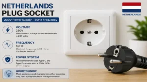 netherlands plug socket with 230V voltage and 50Hz electrical frequency