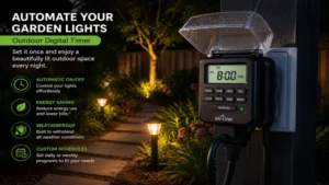 Outdoor digital timer controlling garden lights automatically for energy-efficient nighttime illumination