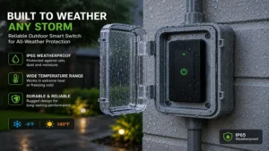 Weatherproof outdoor smart switch designed to withstand rain, dust, and harsh outdoor conditions.