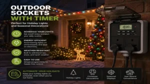 outdoor sockets with timer scheduling holiday lights to turn on and off automatically throughout the season.