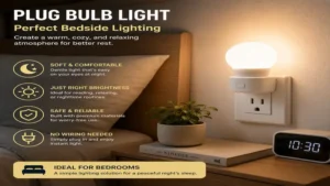plug bulb light used as a soft bedside lighting solution in a modern bedroom.