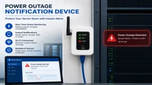 Power outage notification device protecting a server room by providing immediate blackout notifications.