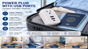Portable power plug with usb ports designed for travel and everyday charging convenience