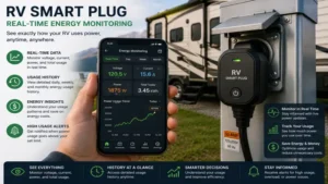 RV smart plug displaying real-time electricity usage and power consumption