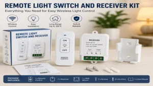 Electrician installing a remote light switch and receiver inside a wall switch box